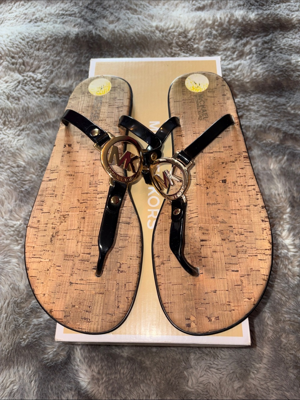 Michael Kors Black Patent Thong Sandals with Gold MK Logo